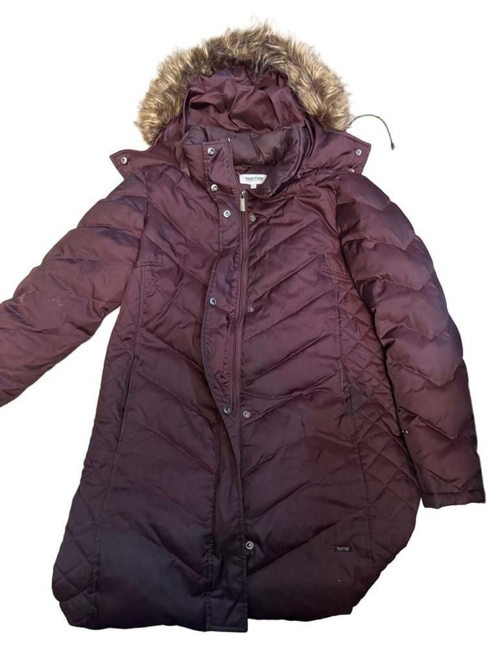 Kenneth Cole Reaction Puffer Coat PL Burgundy Faux Fur Hooded Jacket